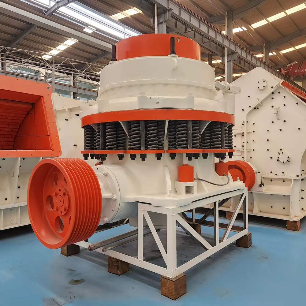 Cone crusher machine used in mining and construction for secondary and tertiary crushing of hard rocks like granite, basalt, and limestone