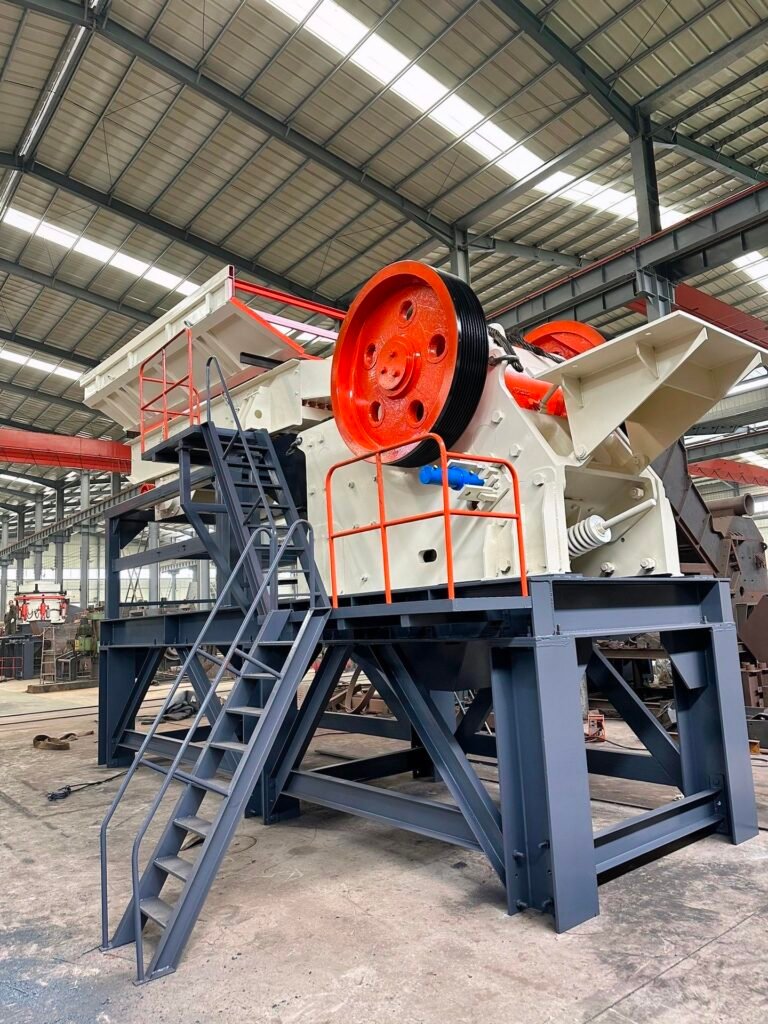 Skid jaw crusher module mounted on a skid frame for easy transport and installation in mining and aggregate processing operations