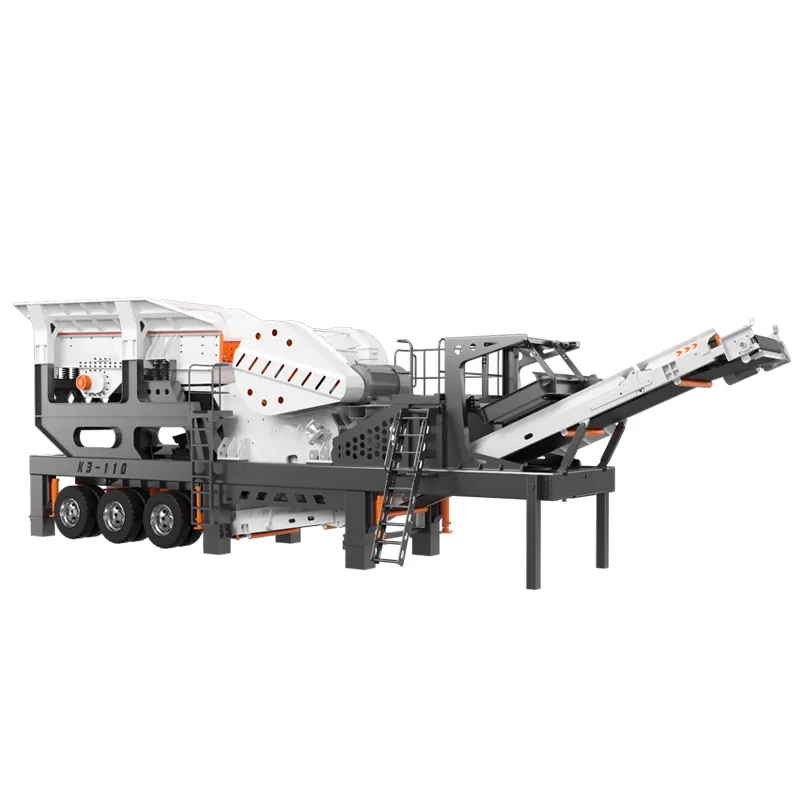 Wheel-mounted mobile jaw crusher on a construction site, featuring a robust steel frame, a large feed hopper, and visible movable/ stationary jaw plates in the crushing chamber; surrounded by crushed stone debris