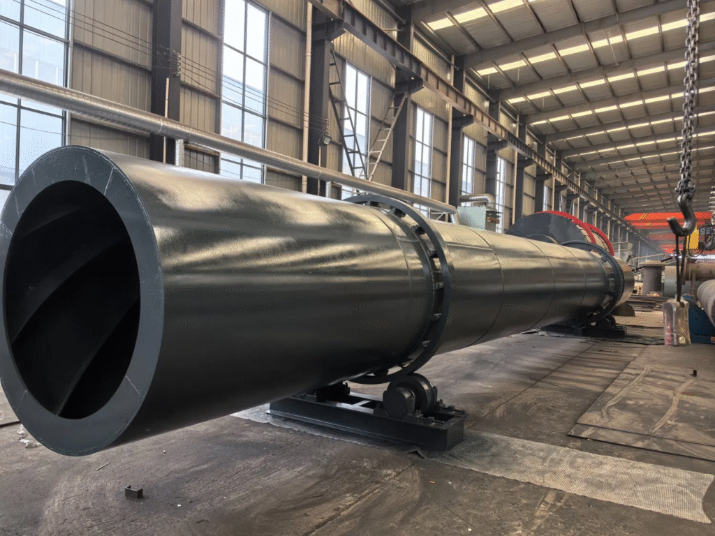 Wood chip rotary dryer machine drying biomass materials.