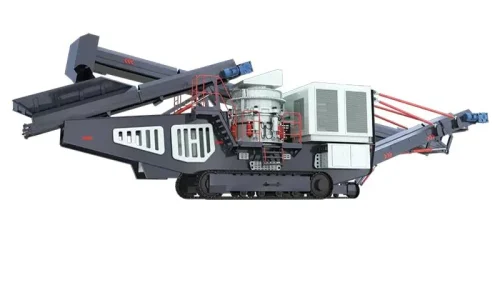 Tracked crawler mobile cone crusher crushing stones at a quarry site