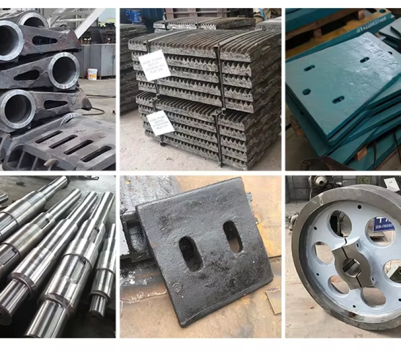 Durable jaw crusher parts including jaw plates, toggle plates, and bearings